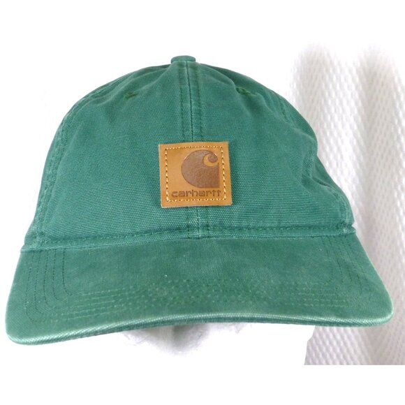 Carhartt Green Canvas Adjustable Baseball Cap With Leather Patch Logo - Picture 1 of 8
